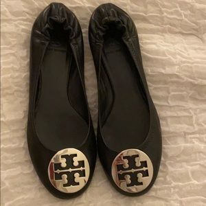 Tory Burch Black Leather Reva Ballet Flats with Gold Logo